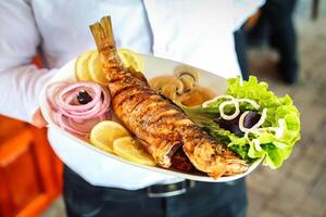 Person Holding a Plate of Fish for Dinner photo