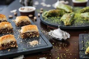 Wooden Table With Assorted Food Trays photo