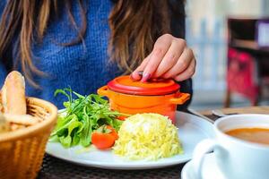 Close-Up of Deliciously Plated Food on Table photo