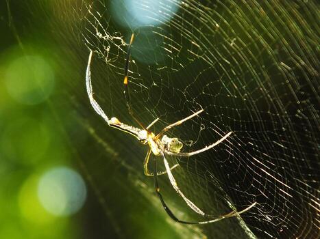 Spider in the cobweb with natural green forest background. A large spider waits patiently in its web for some prey photo