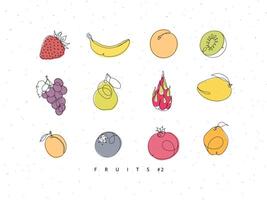 Fruits icons strawberry, banana, apricot, kiwi, grapes, pear, dragon fruit, mango, peach, blueberry, pomegranate quince drawing with color in linear style on white background vector