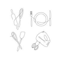 Kitchen appliances rolling pin, whisk, fork, knife, plate, spatula, mixer drawing in linear style on white background. vector