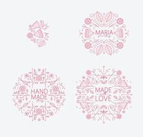 étnico floral etiquetas con letras dibujo en lineal estilo en blanco antecedentes vector