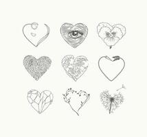 Hearts shape with flower, eye, fingerprint, wave, arrow, stone drawing in graphic style on light background vector