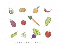 Vegetables icons avocado, potato, onion, chili, eggplant, tomato, carrot, lettuce, cucumber, garlic, beet pepper drawing with color in linear style on white background vector