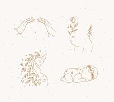 Pregnancy symbols female torso, silhouette of a pregnant woman, sleeping child drawing in floral hand-drawing style on beige background vector