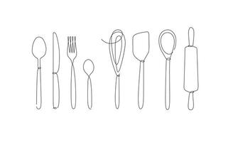 Kitchen appliances and cutlery spoon, fork, knife, teaspoon, whisk, rolling pin, spatula drawing in linear style on white background. vector