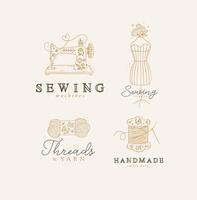 Sewing symbols machine, mannequin, wool, thread with lettering drawing in floral style on beige background vector