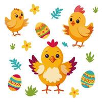 set flat isolated illustration easter chick eggs flower grass vector