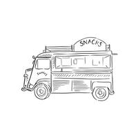 A line drawn illustration of a snack bus. A vehicle used at weddings, festivals and events to serve delicious food. Hand drawn. vector