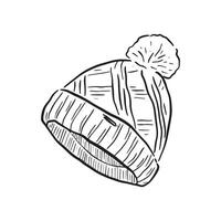 A wooly hat in black and white line drawing. Bobble hat hand knitted in wool. Hand drawn line drawing. vector