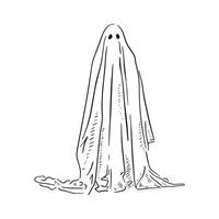 A line drawn ghost or human in a sheet with eyes and a puddling of fabric at the bottom. Line shading use and hand drawn sketch style. vector