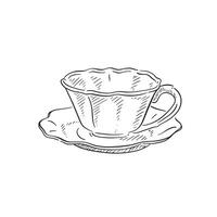 A line drawn illustration of a cup and saucer with a wavy rim. Hand drawn vector