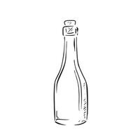 A line drawn black and white illustration of a glass perfume or potion bottle, shaded using lines and drawn in a sketchy style. vector