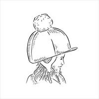 A line drawn illustration of a little girl in a horse riding hat with a pom pom on the top. Drawn by hand in black and white sketchy style vector