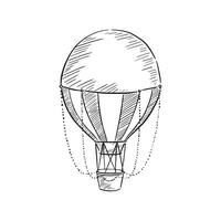 A line drawn hot air balloon with decorative elements such as rope around the edge. Black and white line drawing by hand vector