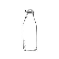 A line drawn black and white illustration of a classic glass milk bottle, shaded using lines and drawn in a sketchy style. vector