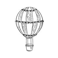 A line drawn hot air balloon with decorative elements. Black and white line drawing by hand vector