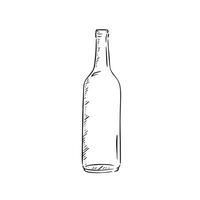 A line drawn black and white illustration of a glass bottle, shaded using lines and drawn in a sketchy style vector