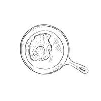 A fried egg in a skillet. Black and white and drawn by hand, this features a fried egg in a sketchy style. vector