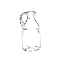 A line drawn black and white illustration of a glass jug, shaded using lines and drawn in a sketchy style. vector