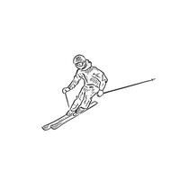 A line drawn person skiing. Drawn in black and white with snow flakes in the air. Pro skiier hand drawn on Procreate using an Apple pencil. Print vector