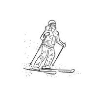 A line drawn person skiing. Drawn in black and white with snow flakes in the air. Pro skiier hand drawn on Procreate using an Apple pencil. Print vector