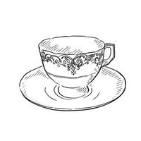 A line drawn illustration of a cup and saucer with a classic vintage pattern around the rim. Hand drawn and vectorised in a sketchy style. vector