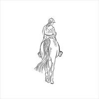 A line drawn illustrative sketch of a back view of a lady riding a horse. A black and white hand drawn sketched vector