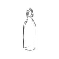 A line drawn black and white illustration of a glass water bottle, shaded using lines and drawn in a sketchy style. vector