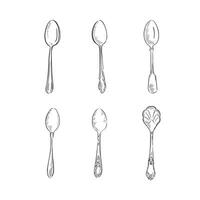 A line drawn bundle of 6 silver spoons. All hand drawn in black and white sketchy style vector