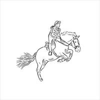 A line drawn horse jumping with a rider on the back. A hand drawn illustration in black and white. vector