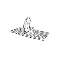 A line drawn sketch of a lady sitting on a towel in black and white vector