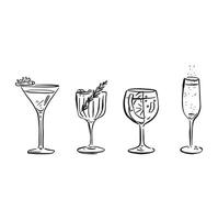 A line drawn illustration of individual cocktails in a sketchy style. Black and white sketch vector