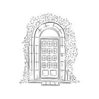 A line drawn illustration of a beautiful front door in a black and white sketch style. Finished with ivy around the door. vector