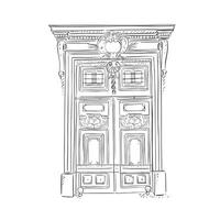 un línea dibujado ilustración de un hermosa hotel o mansión frente puerta en un negro y blanco bosquejo estilo. fuertemente decorado de madera puerta. vectorizado para un variedad de usos vector