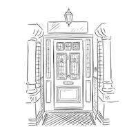 A line drawn illustration of a beautiful house front door in a black and white sketch style. Finished with pillars either side of the door and a tiled floor. Vectorised for a variety of uses vector