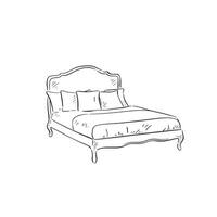 A line drawn illustration of a French style upholstered bed in black and white. Drawn by hand in a sketchy style. vector