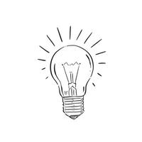 A line drawn illustration of a light bulb in black and white. The bulb has lines radiating from the light source. vector