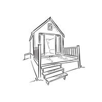 A line drawn sketch of a beach hut in black and white vector