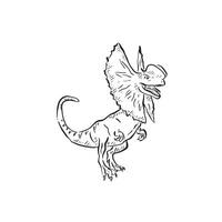 A line drawn illustration of a dilophosaurus. Hand drawn in black and white and shaded using lines. A simple sketchy style illustration vector