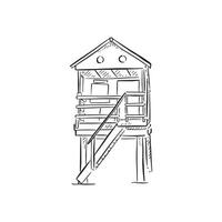 A line drawn sketch of a beach hut in black and white. vector