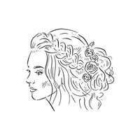 A black and white illustration of a lady with a bridal hair style. Drawn by hand in line drawn sketchy style. vector