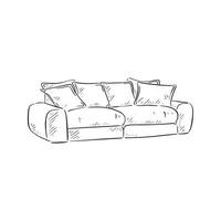 A line drawn illustration of a comfortable sofa with four cushions in black and white. Drawn by hand in a sketchy style vector