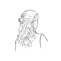 A black and white illustration of a lady with a clip in her hair. Drawn by hand in line drawn sketchy style. vector