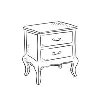 A line drawn illustration of a bedside table in black and white. Drawn by hand in a sketchy style vector