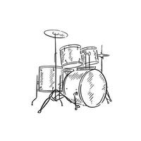 A line drawn illustration of a drum kit in black and white vector