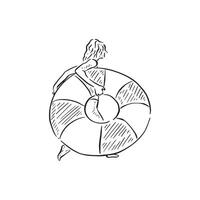 A line drawn sketch of a girl running with a rubber ring in black and white. vector