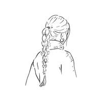 A black and white illustration of a lady with a long plait. Drawn by hand in line drawn sketchy style. vector