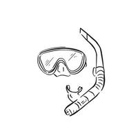 A line drawn sketch of a snorkel and goggles in black and white vector